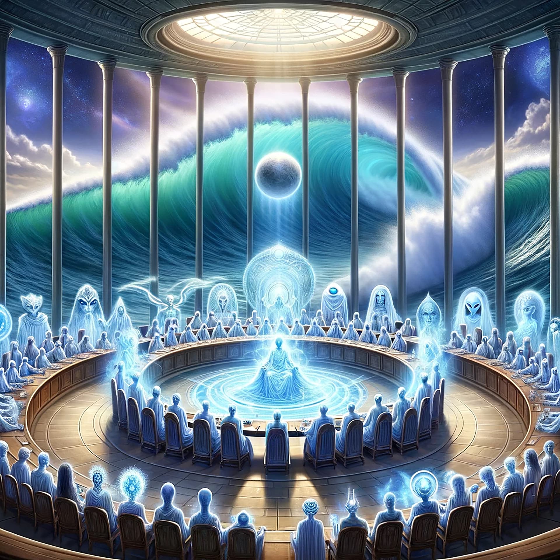 DALL·E 2024-01-13 15.41.03 - Imagine a council of high spiritual extraterrestrials seated in a grand, circular chamber, symbolizing a gathering of wisdom and power. As they conven