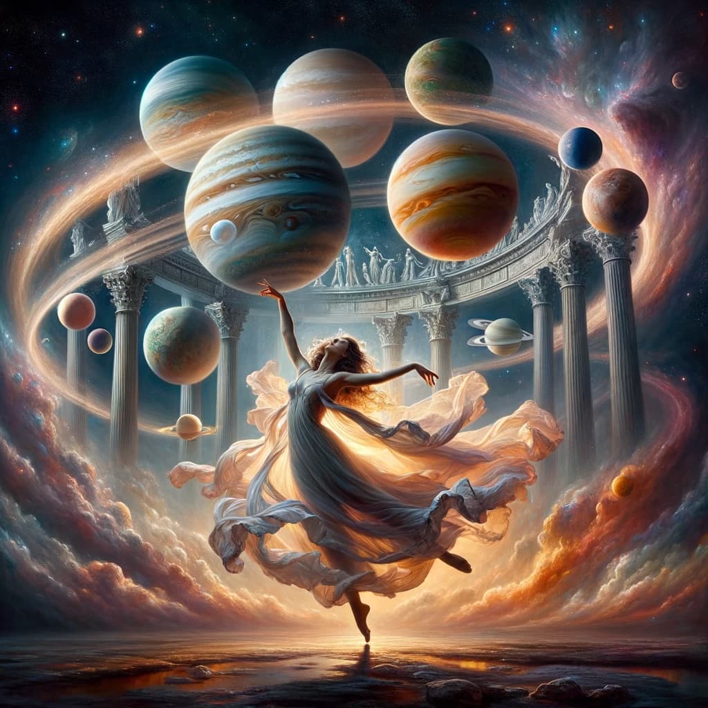 DALL·E 2024-01-29 23.36.47 - A romanticism style painting featuring a woman dancing gracefully in the center of the cosmic temple made of planets. The temple, composed of Jupiter,