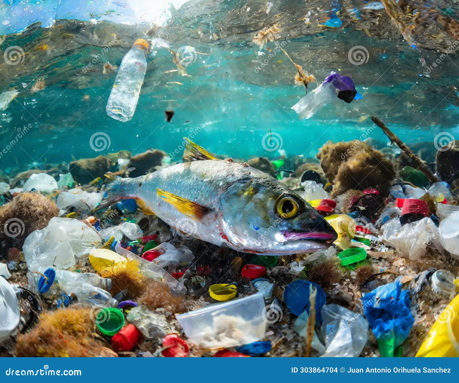 dead-fish-bottom-sea-surrounded-plastics-garbage-dead-fish-bottom-sea-surrounded-plastics-303864704